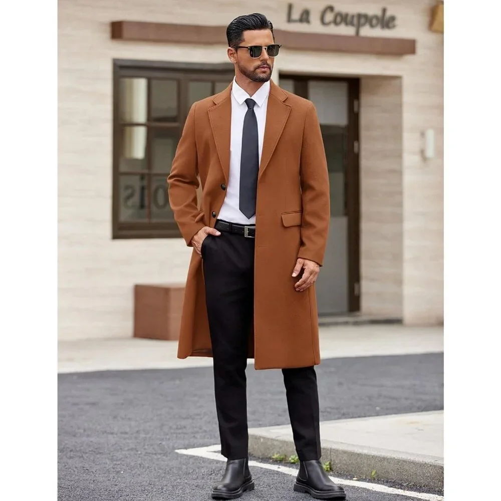 Men’s Long Trench Coat Single-Breasted Wool Blend Overcoat Brown Notched Collar - Picture 4 of 6